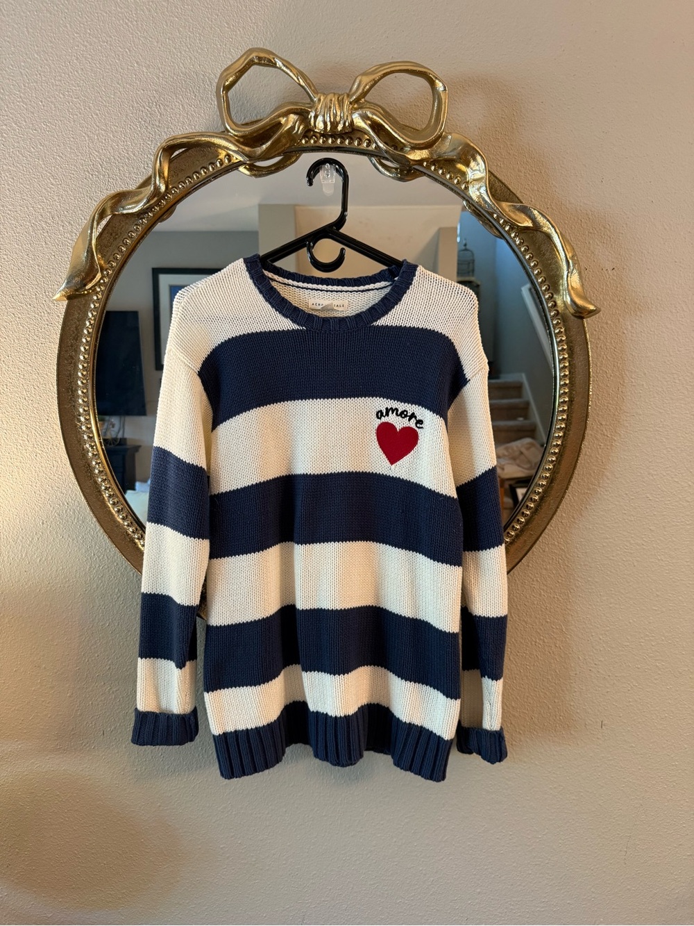 Aeropostale Navy & White Striped Crewneck Sweater with Red Heart